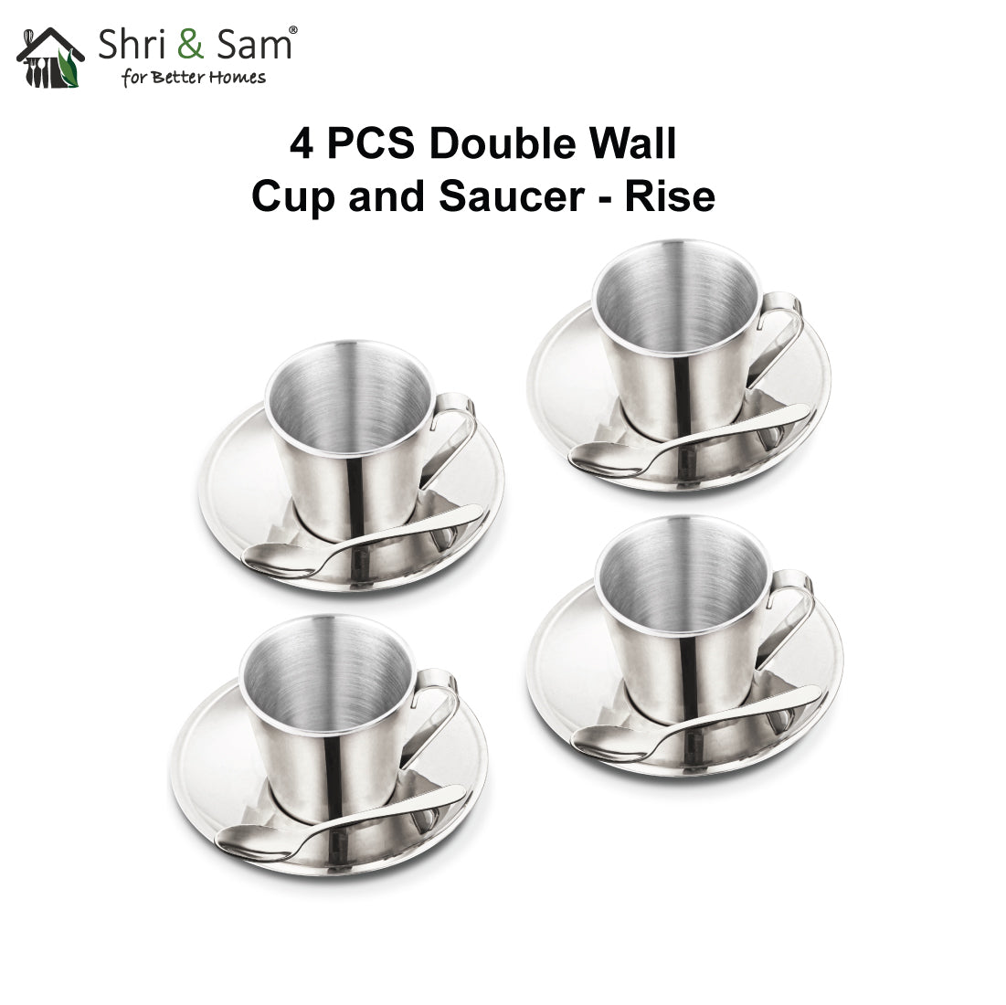 Stainless Steel 4 PCS Double Wall Cup and Saucer Rise