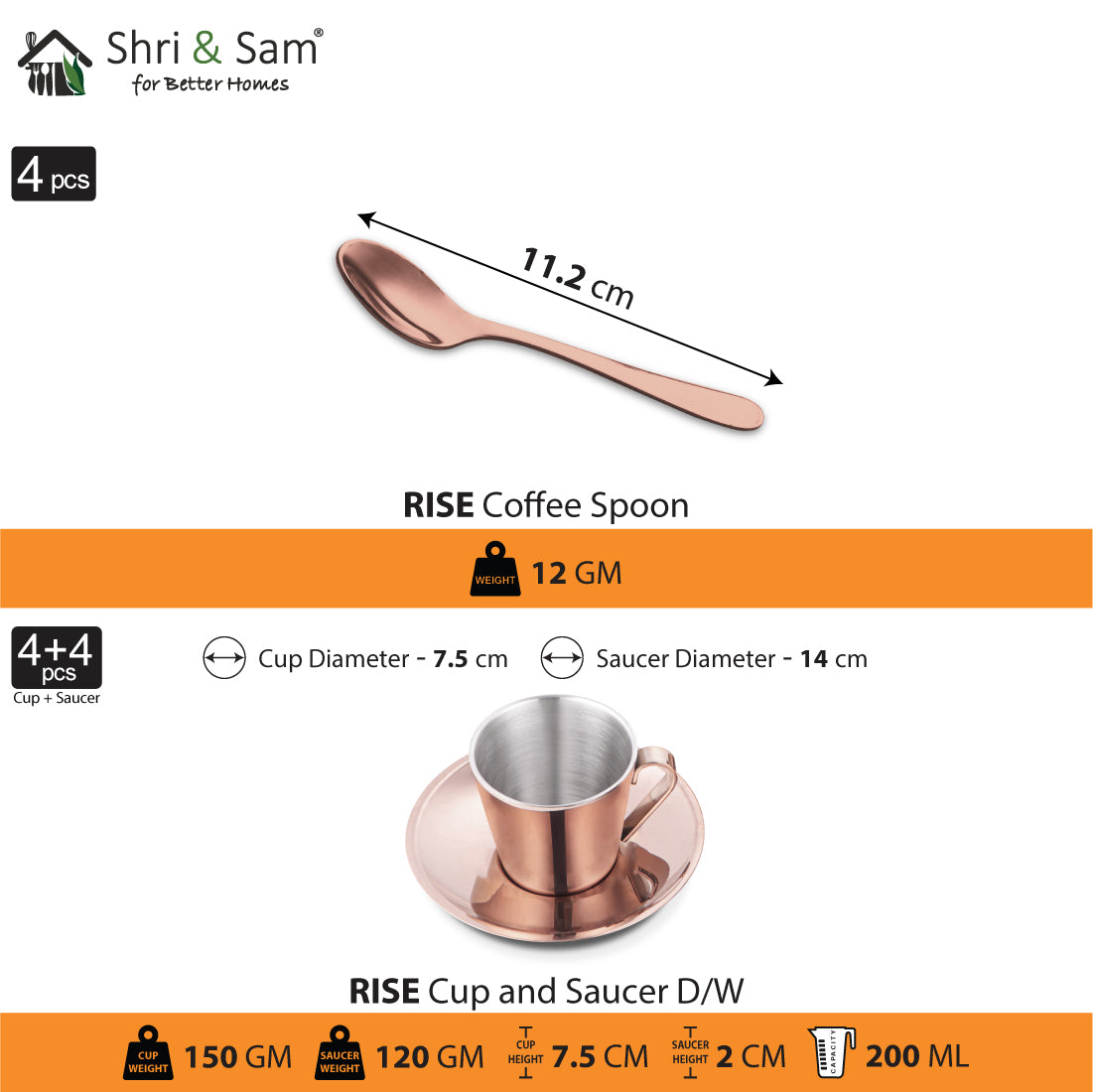 Stainless Steel 4 PCS Double Wall Cup and Saucer with Rose Gold PVD Coating Rise