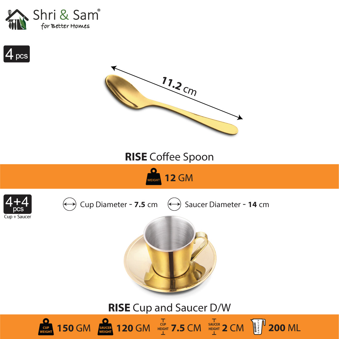 Stainless Steel 4 PCS Double Wall Cup and Saucer with Gold PVD Coating Rise