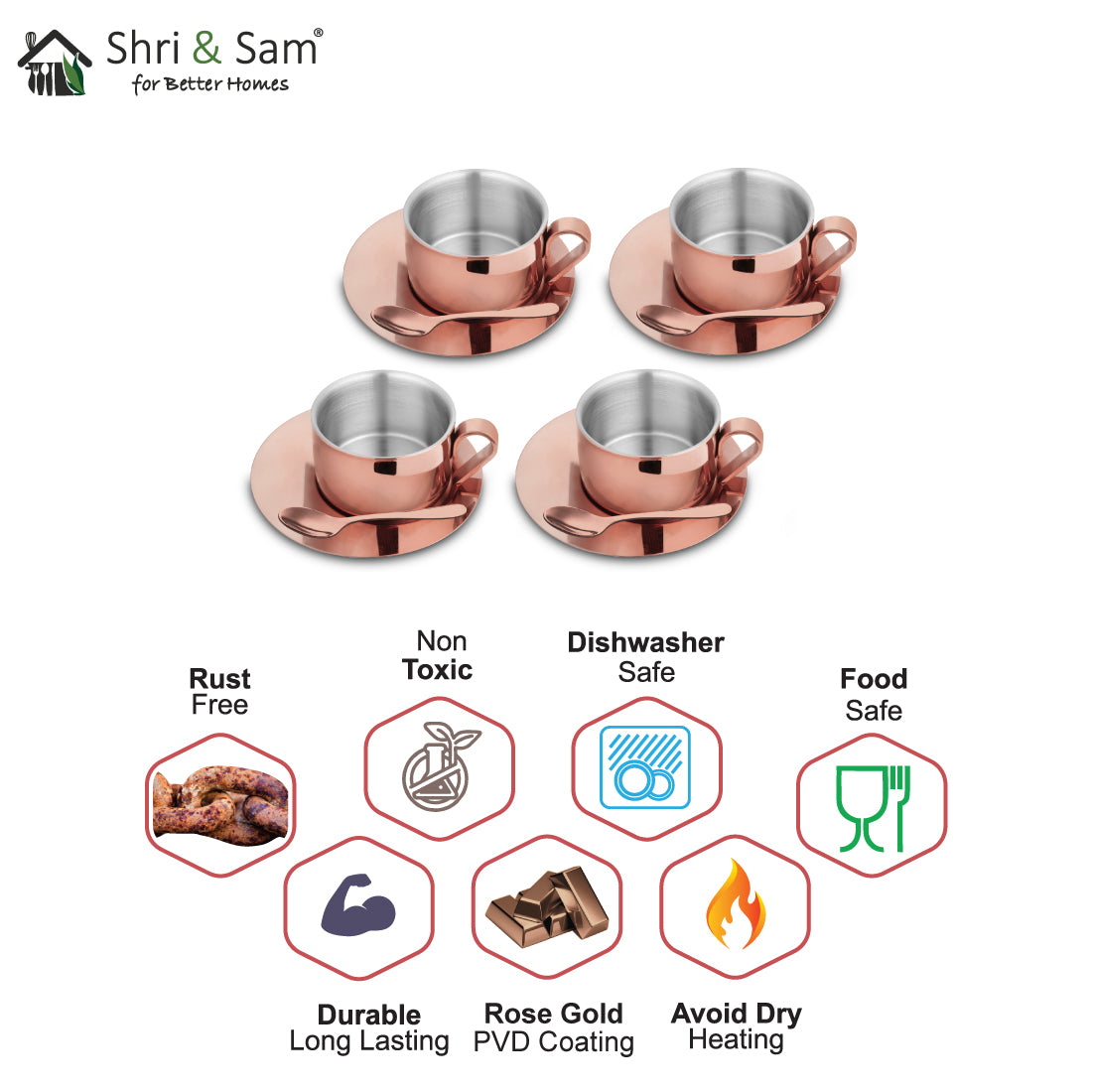 Stainless Steel 4 PCS Double Wall Cup and Saucer with Rose Gold PVD Coating First Impression