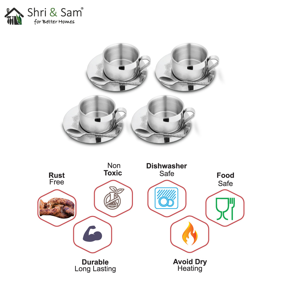 Stainless Steel 4 PCS Double Wall Cup and Saucer with Laser First Impression