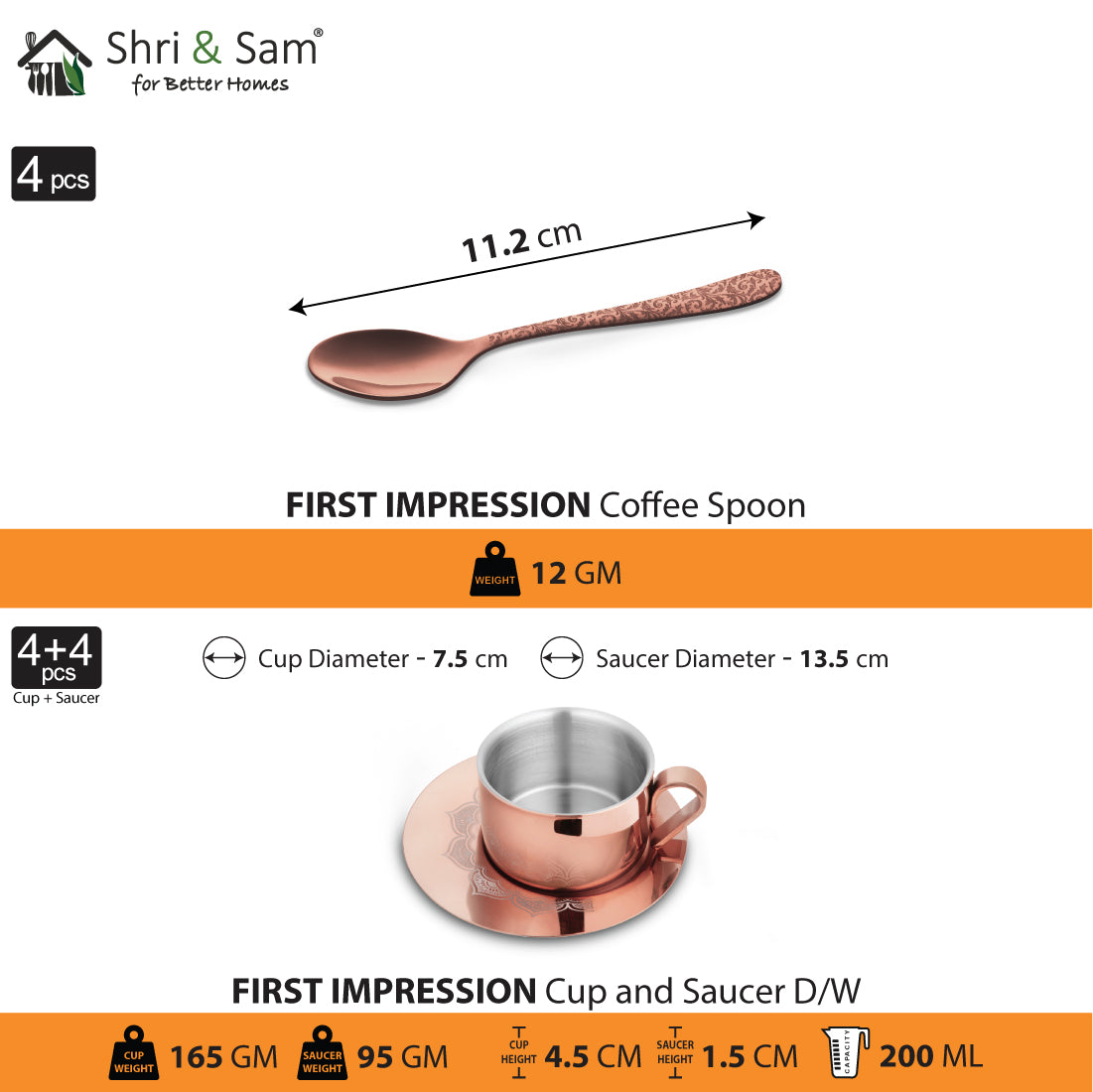 Stainless Steel 4 PCS Double Wall Cup and Saucer with Rose Gold PVD Coating & Laser First Impression