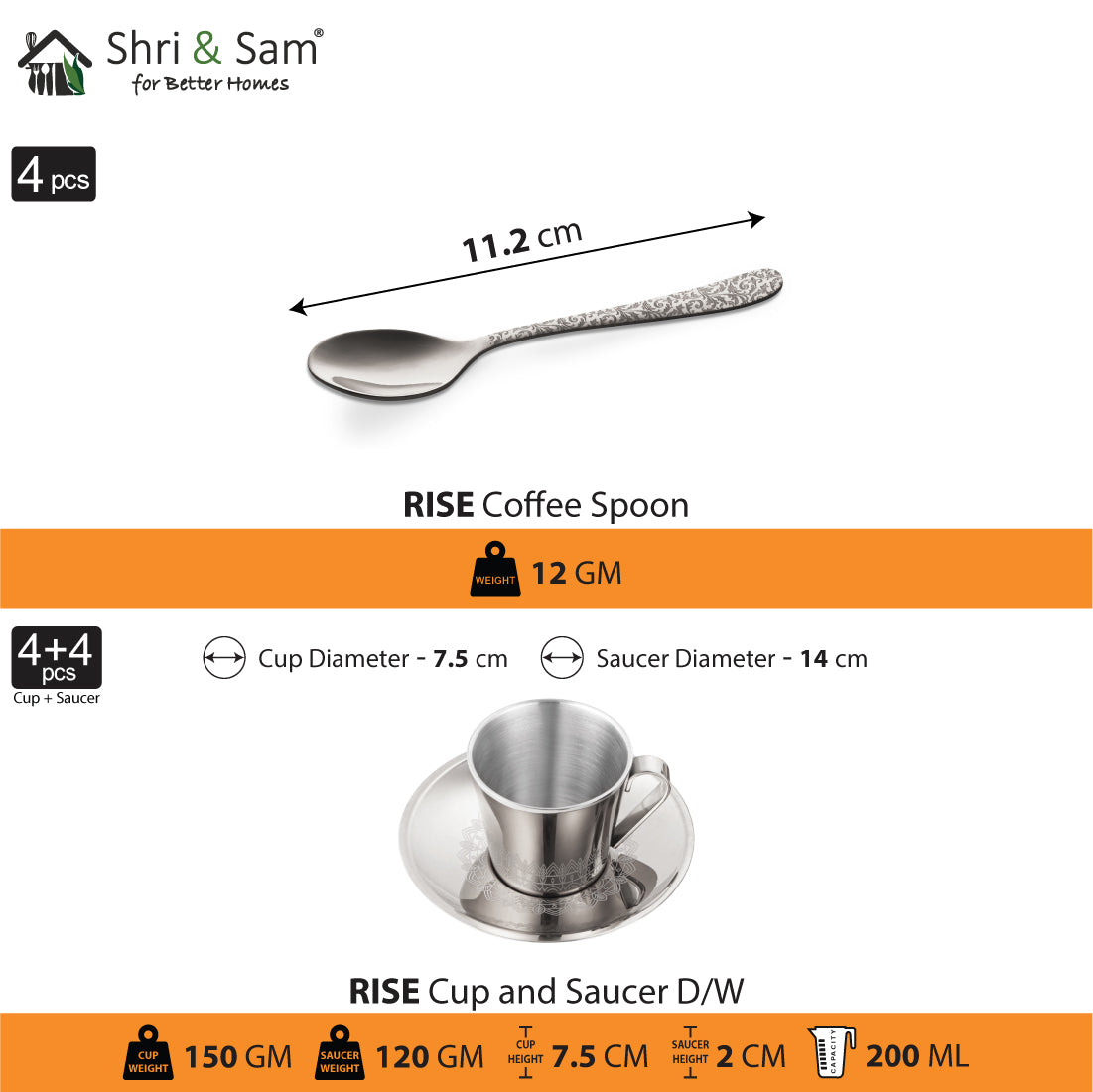 Stainless Steel 4 PCS Double Wall Cup and Saucer with Laser Rise