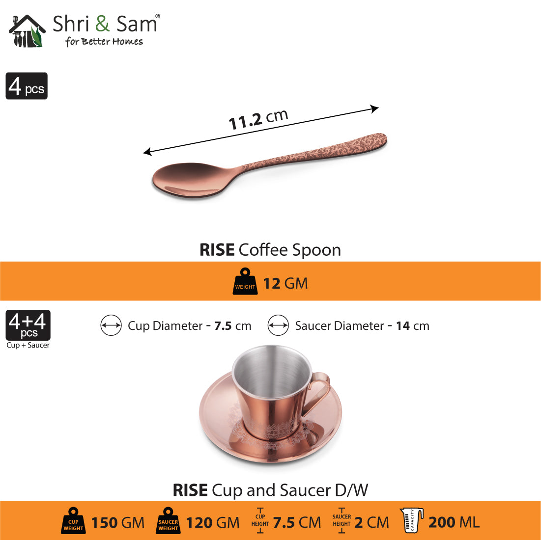 Stainless Steel 4 PCS Double Wall Cup and Saucer with Rose Gold PVD Coating & Laser Rise