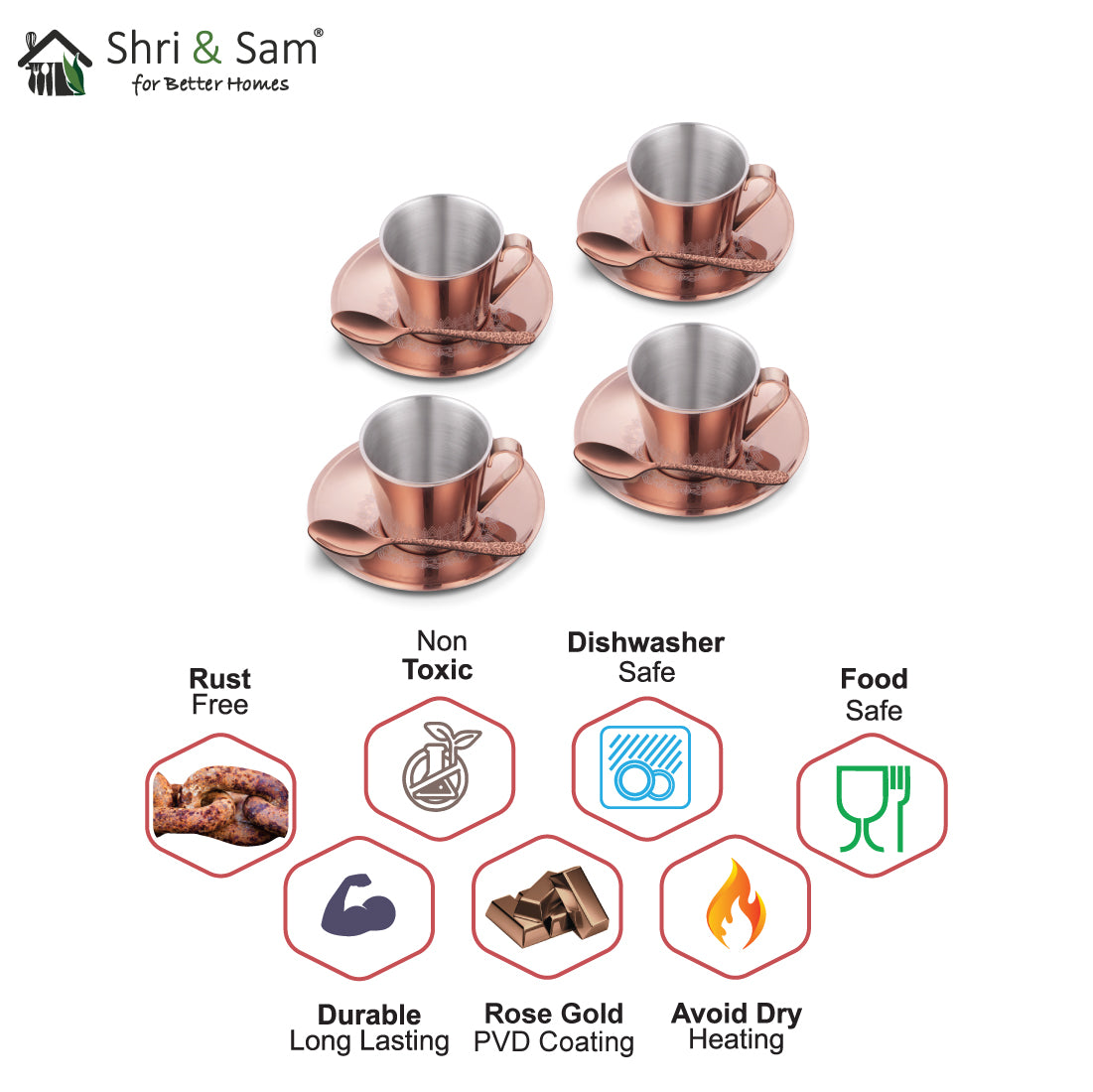 Stainless Steel 4 PCS Double Wall Cup and Saucer with Rose Gold PVD Coating & Laser Rise