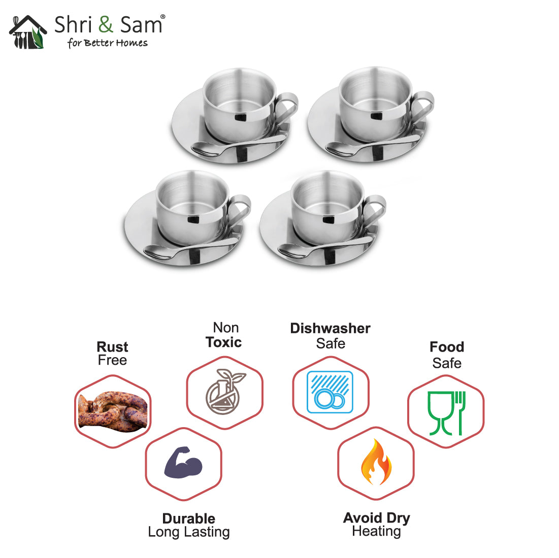 Stainless Steel 4 PCS Double Wall Cup and Saucer First Impression