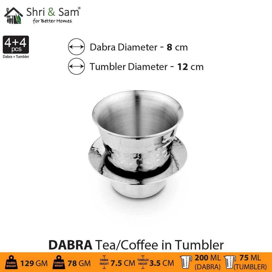 Stainless Steel 4 PCS Double Wall Hammered Coffee Dabra In Tumbler Congo