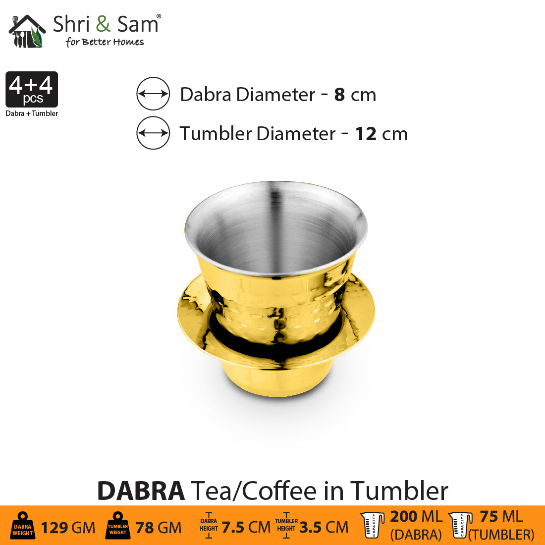 Stainless Steel 4 PCS Double Wall Hammered Coffee Dabra In Tumbler with Gold PVD Coating Congo