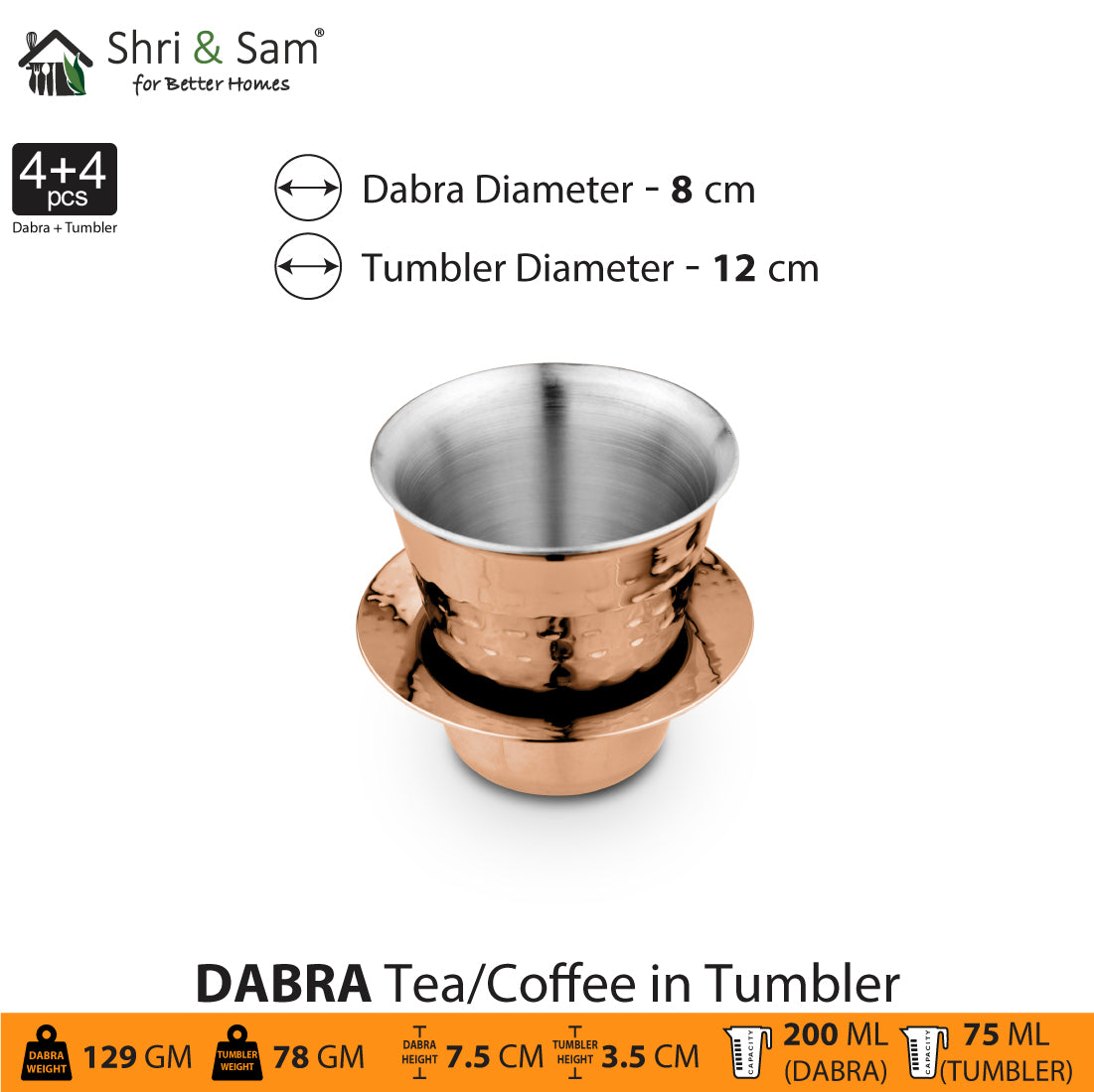 Stainless Steel 4 PCS Double Wall Hammered Coffee Dabra In Tumbler with Rose Gold PVD Coating Congo