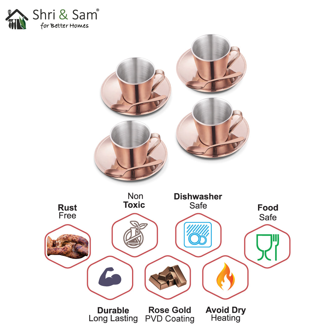 Stainless Steel 4 PCS Double Wall Cup and Saucer with Rose Gold PVD Coating Rise