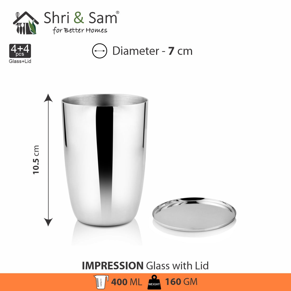 Stainless Steel 4 PCS Glass with SS Lid Impression