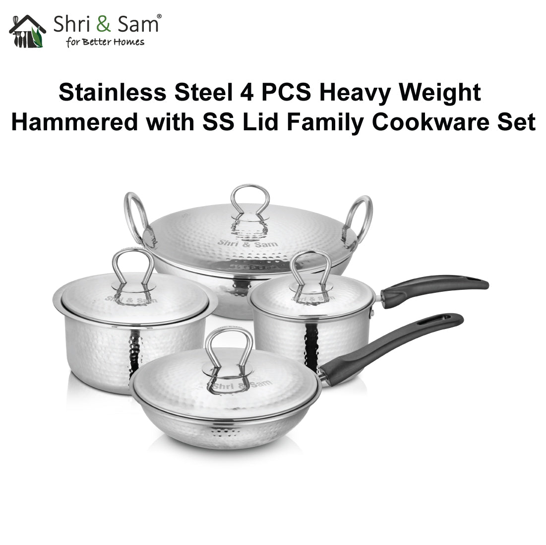 Stainless Steel 4 PCS Heavy Weight Hammered FAMILY Cookware Set with Lid