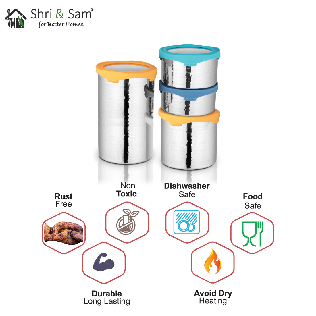Stainless Steel 4 PCSHammered Canister with Air Tight Lid Lock N Roll