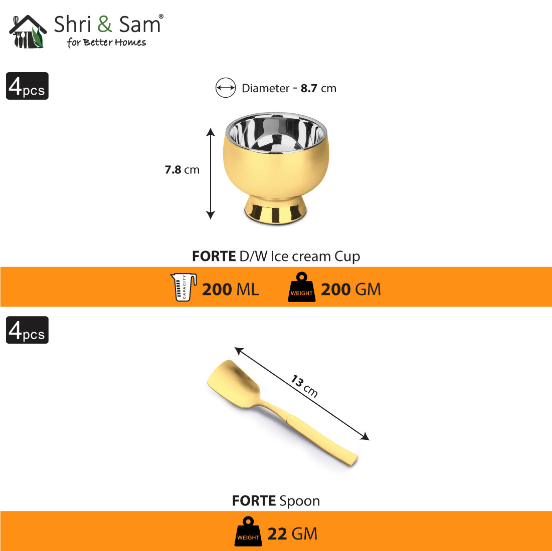 Stainless Steel 4 PCS Double Wall Ice Cream Set with Gold PVD Coating Forte