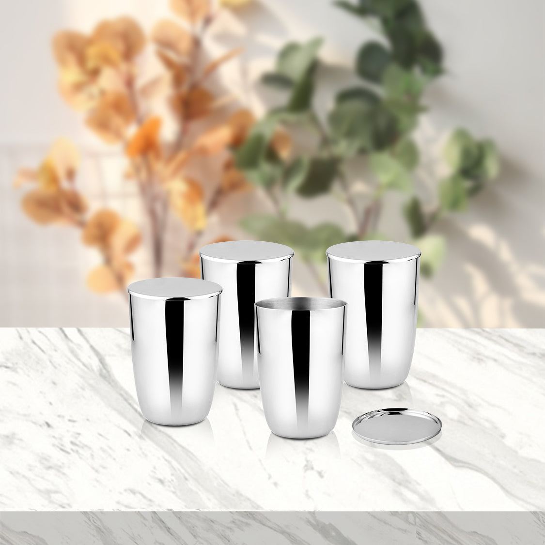 Stainless Steel 4 PCS Glass with SS Lid Impression