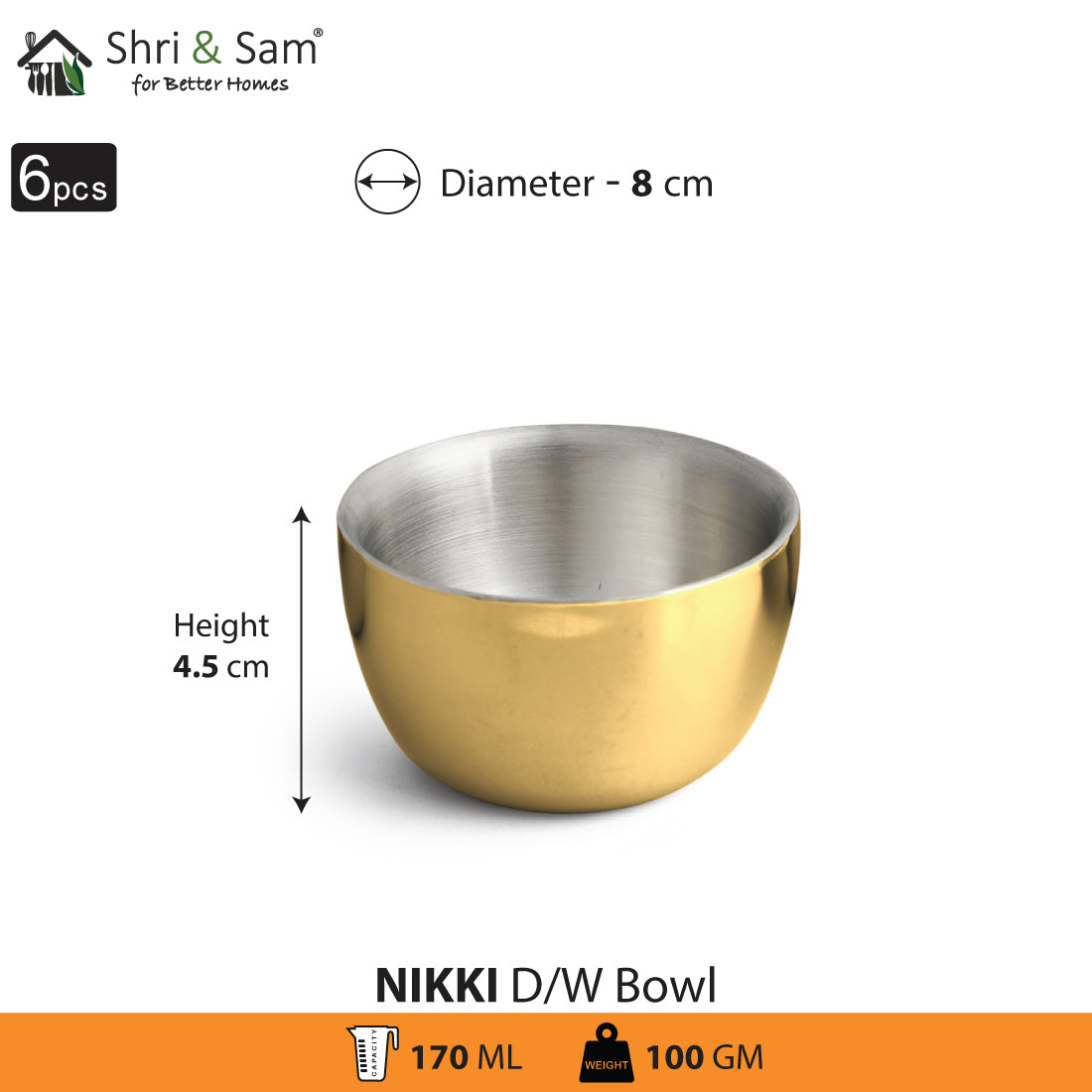 Stainless Steel 6 PCS Double Wall Bowl with Gold PVD Coating Nikki