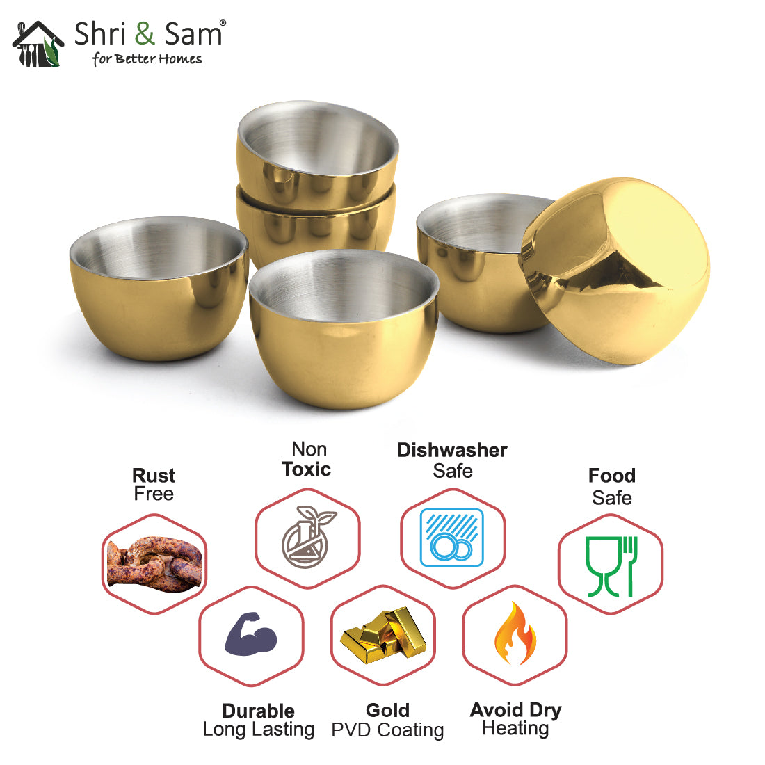 Stainless Steel 6 PCS Double Wall Bowl with Gold PVD Coating Nikki