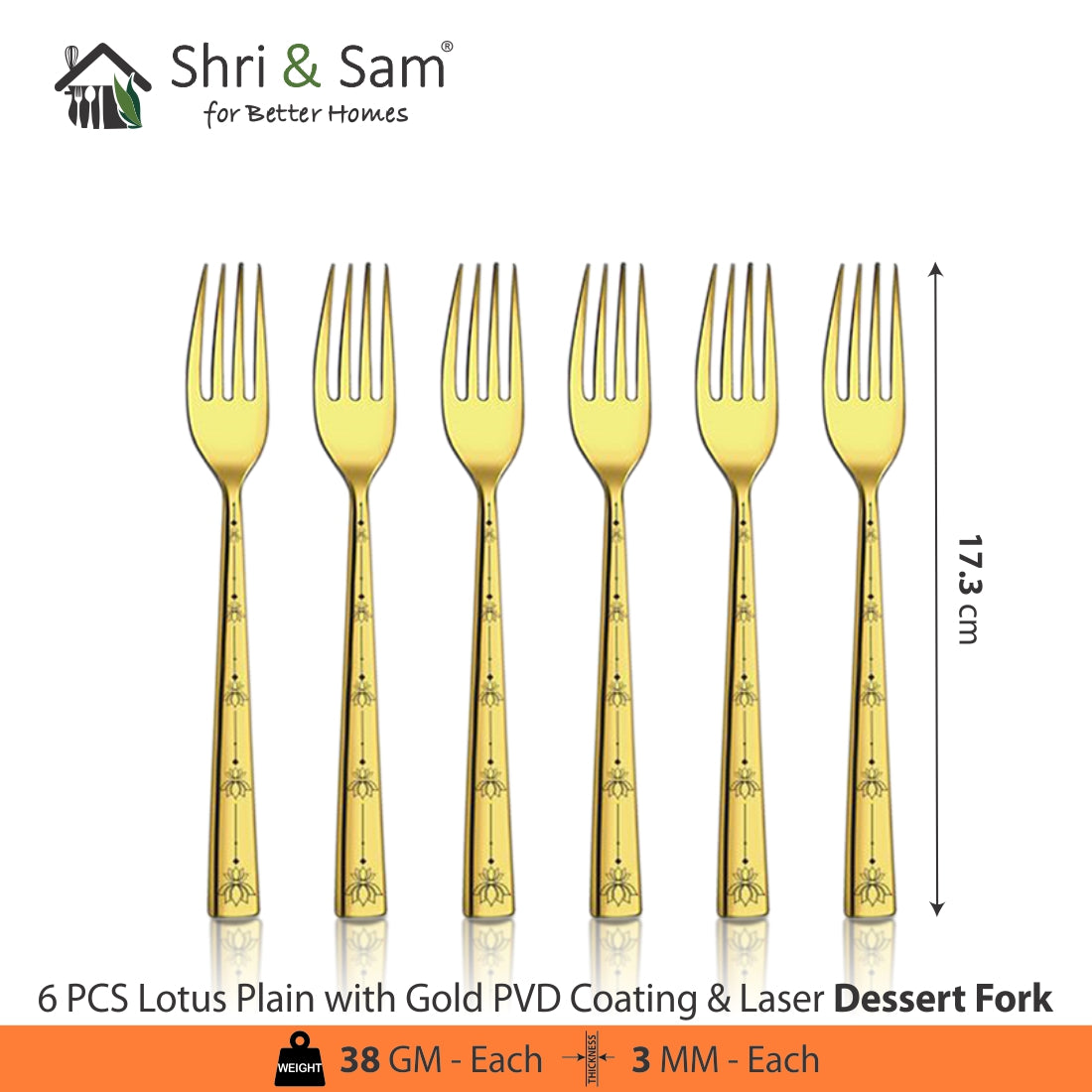 Stainless Steel Cutlery with Gold PVD Coating & Laser Lotus Plain