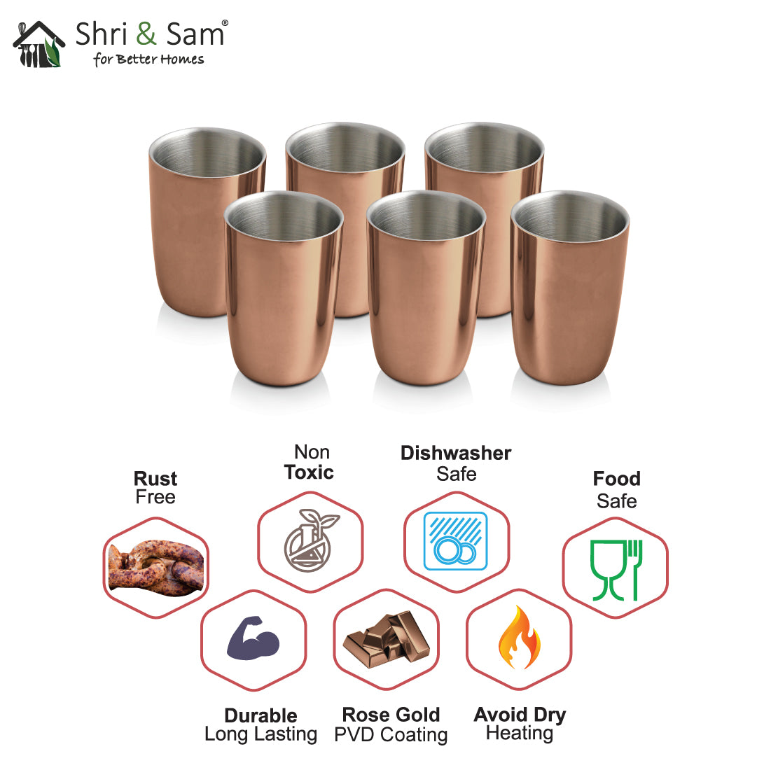 Stainless Steel 6 PCS Double Wall Glass with Rose Gold PVD Coating Nikki