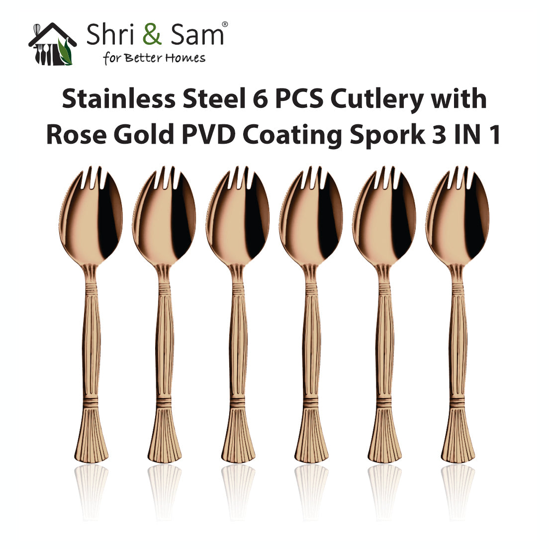 Stainless Steel 6 PCS Cutlery with Rose Gold PVD Coating Spork 3 IN 1