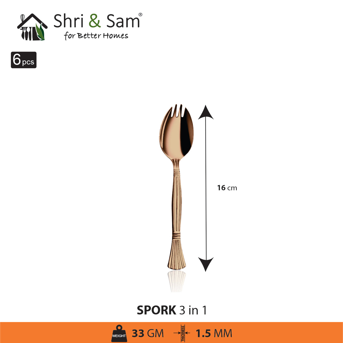Stainless Steel 6 PCS Cutlery with Rose Gold PVD Coating Spork 3 IN 1