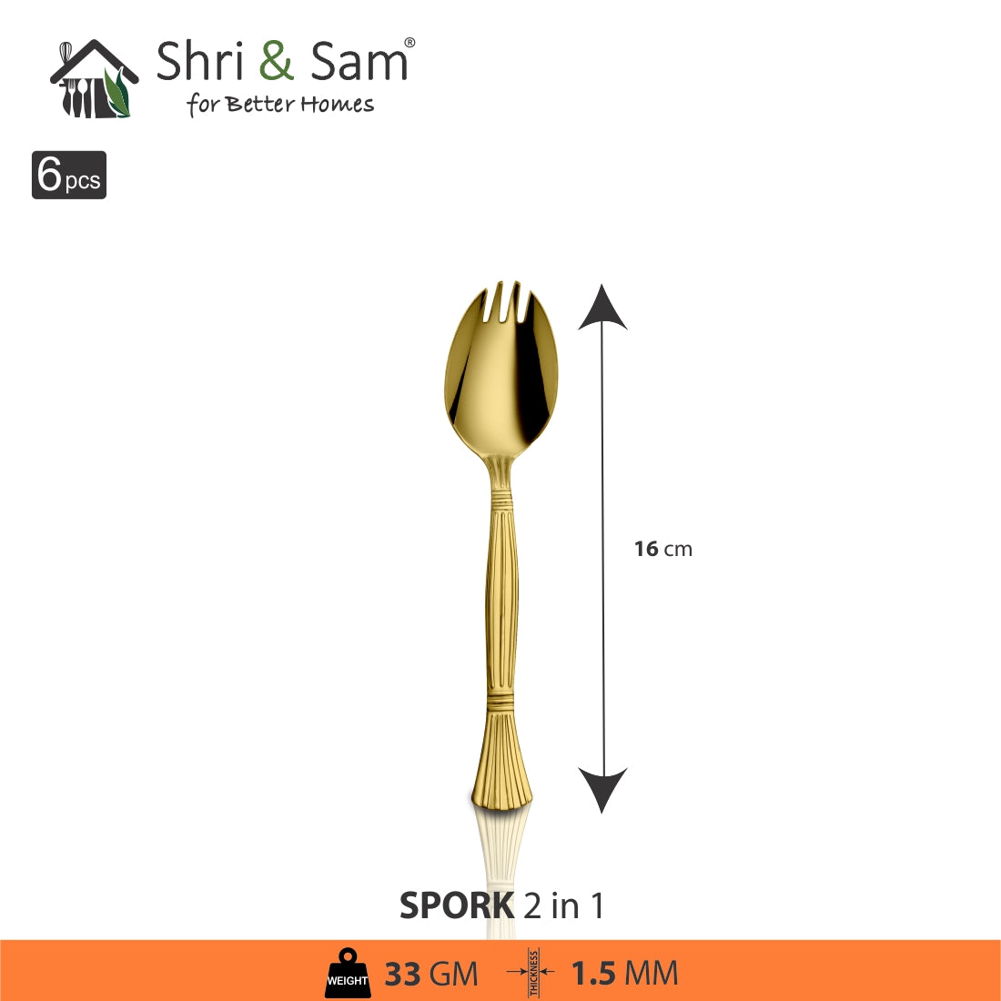 Stainless Steel 6 PCS Cutlery with Gold PVD Coating Spork 2 IN 1