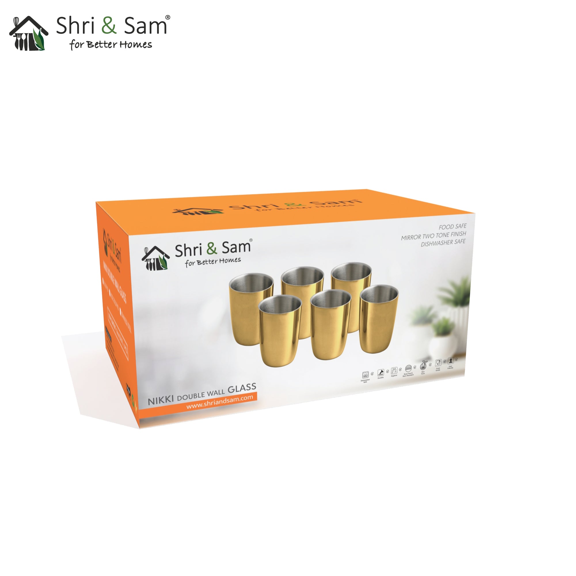 Stainless Steel 6 PCS Double Wall Glass with Gold PVD Coating Nikki