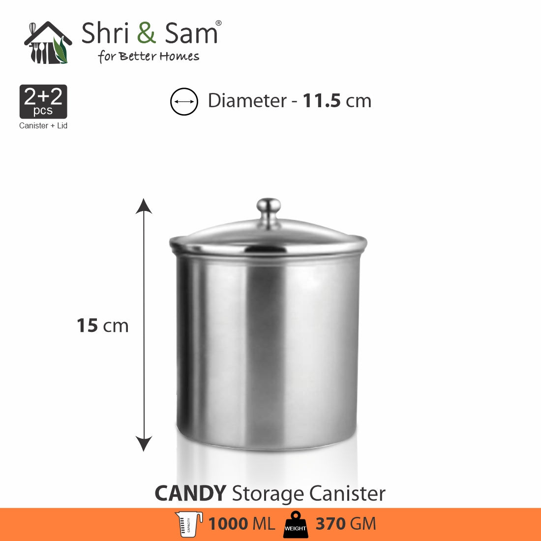 Stainless Steel 2 PCS 1000 ML Storage Canister with Air Tight Glass Lid Candy