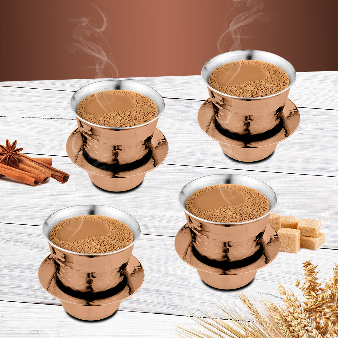 Stainless Steel 4 PCS Double Wall Hammered Coffee Dabra In Tumbler with Rose Gold PVD Coating Congo