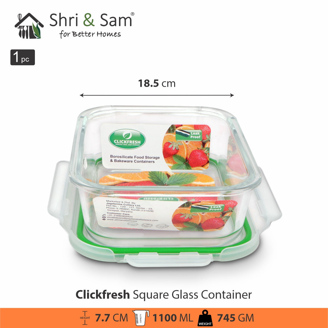 Glass 1100ml Food Storage & Bakeware Container with Airtight Lid Square Clickfresh