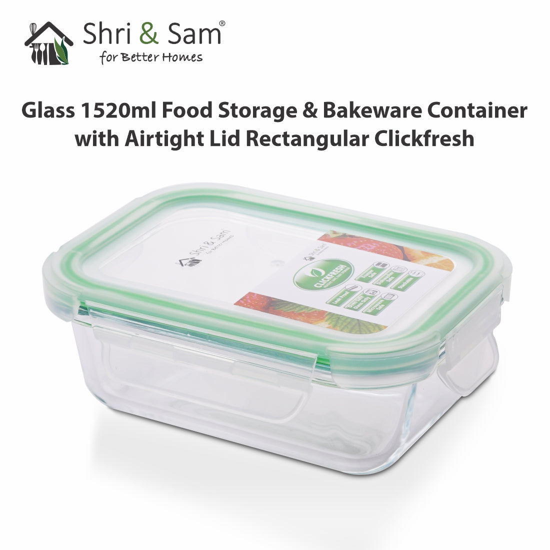 Glass 1520ml Food Storage & Bakeware Container with Airtight Lid Rectangular Clickfresh