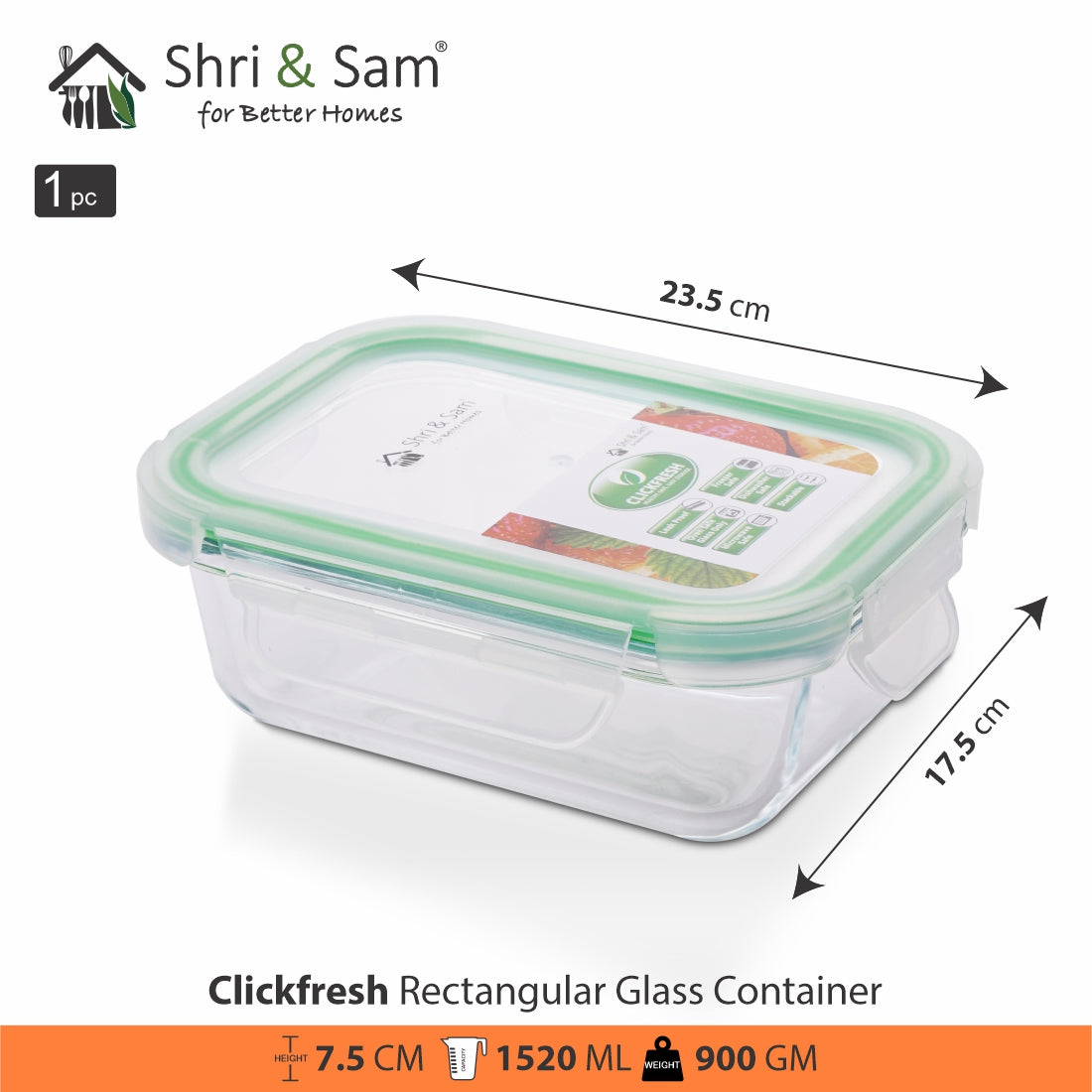 Glass 1520ml Food Storage & Bakeware Container with Airtight Lid Rectangular Clickfresh