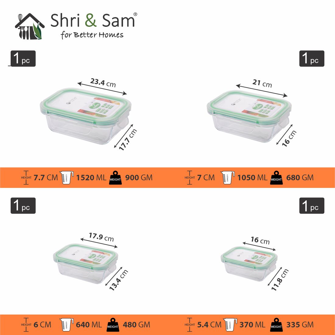 Glass 370ml, 640ml, 1050ml & 1520ml Food Storage & Bakeware Container with Airtight Lid Rectangular Clickfresh
