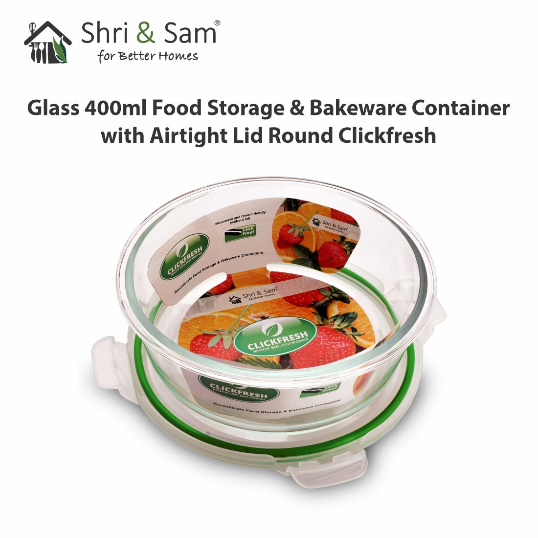 Glass 400ml Food Storage & Bakeware Container with Airtight Lid Round Clickfresh