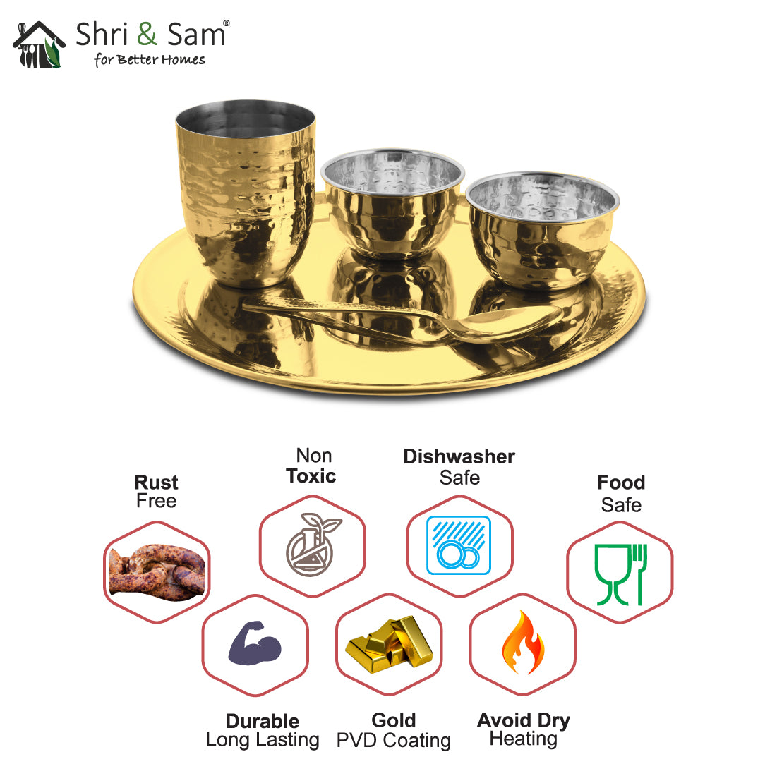 Stainless Steel Hammered Thali Set with Gold PVD Coating Diamond