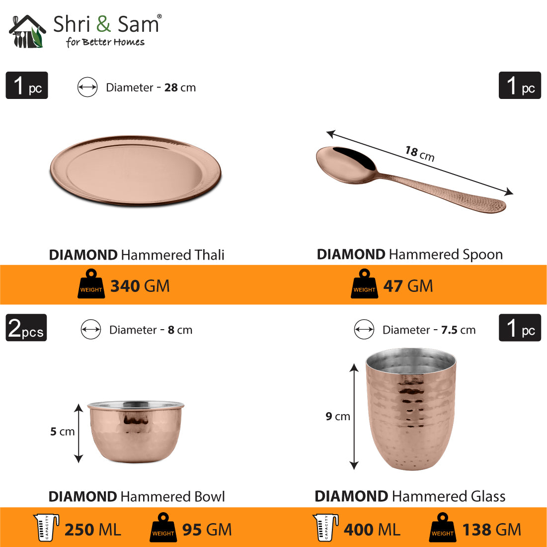 Stainless Steel Hammered Thali Set with Rose Gold PVD Coating Diamond