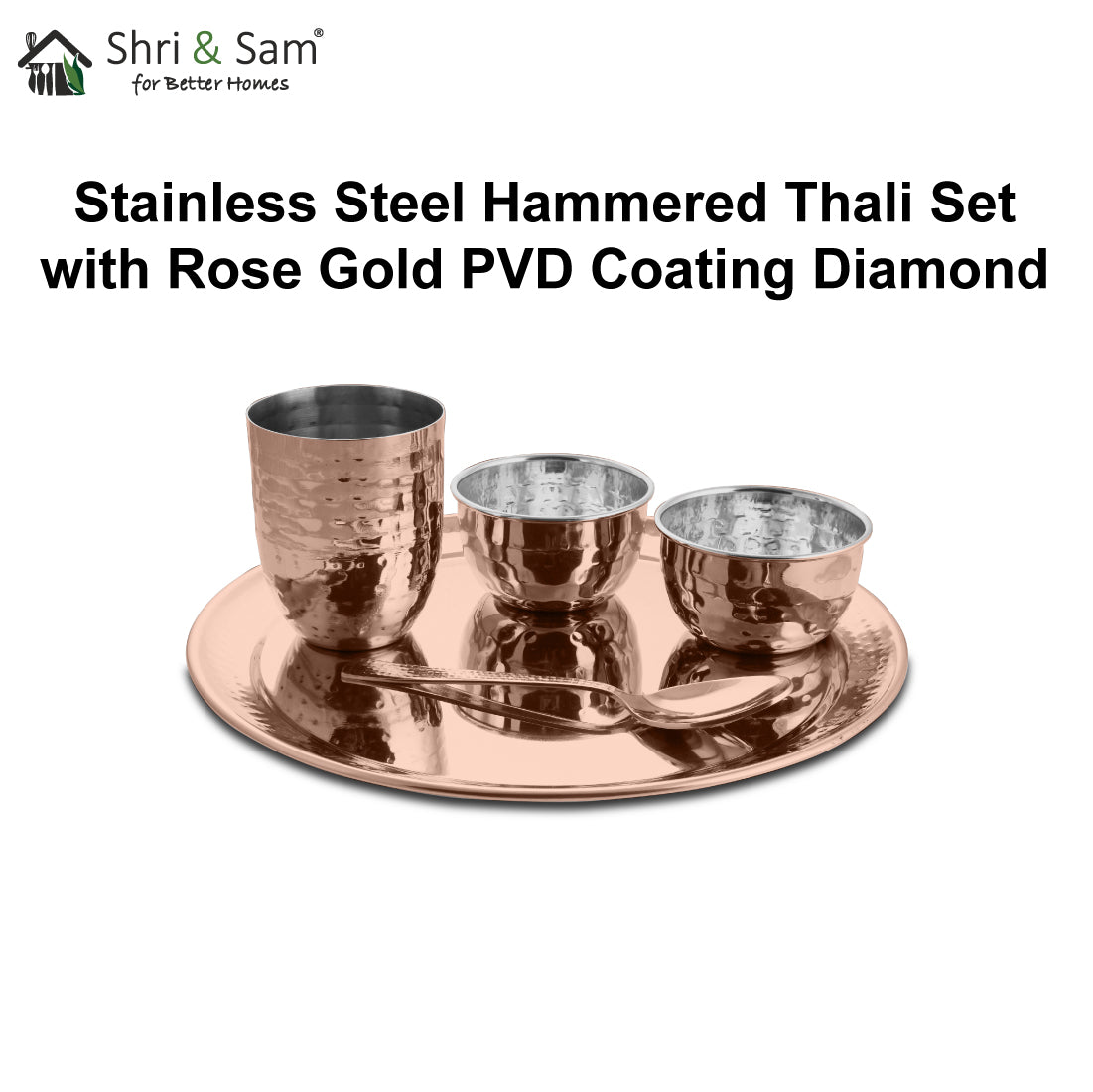 Stainless Steel Hammered Thali Set with Rose Gold PVD Coating Diamond