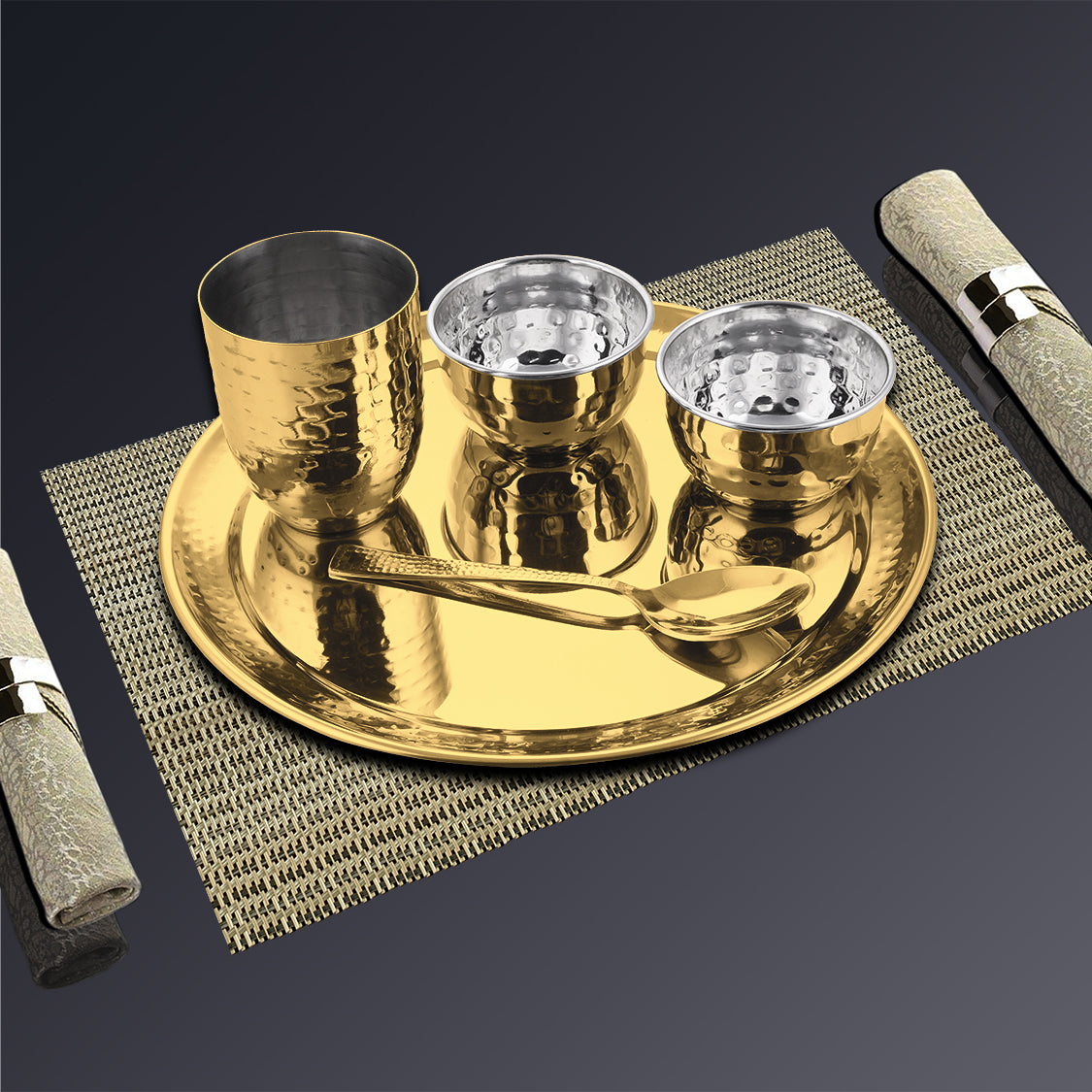 Stainless Steel Hammered Thali Set with Gold PVD Coating Diamond