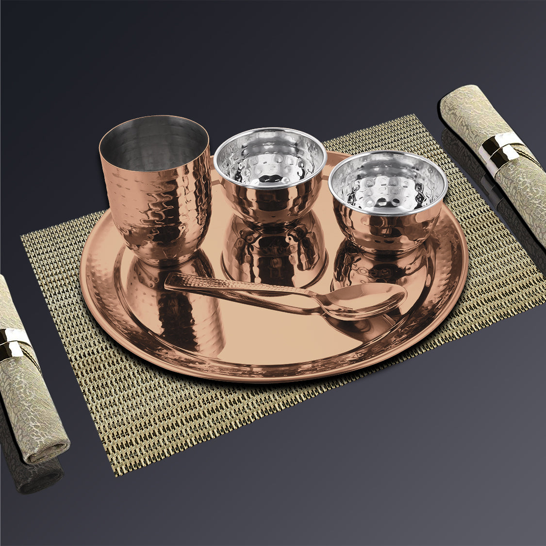 Stainless Steel Hammered Thali Set with Rose Gold PVD Coating Diamond
