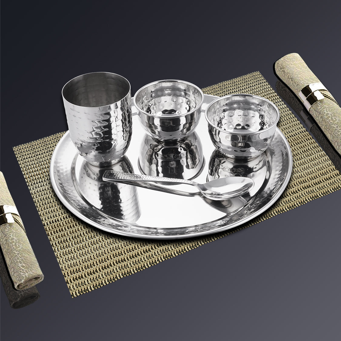 Stainless Steel Hammered Thali Set Diamond