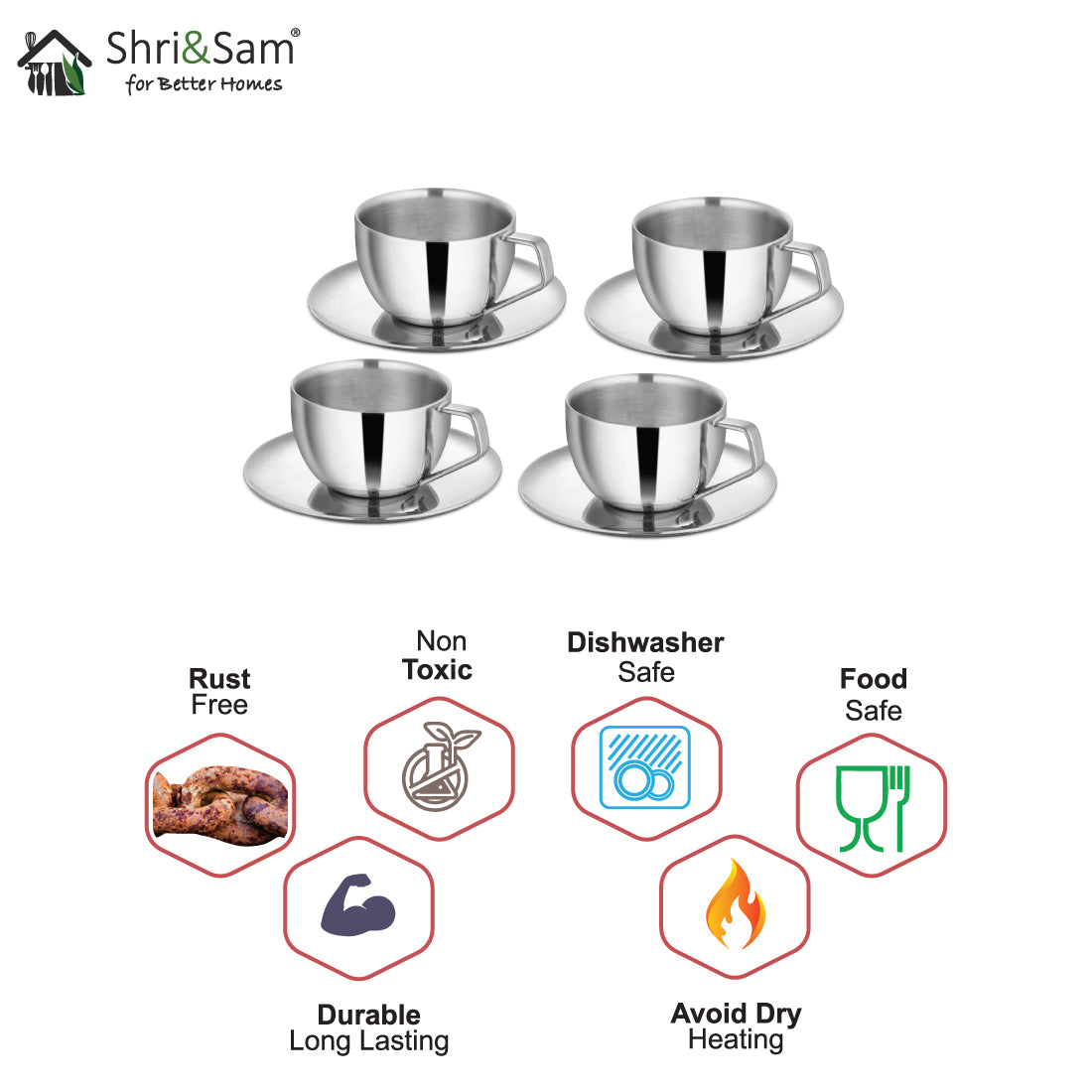 Stainless Steel 4 PCS Double Wall Cup and Saucer Espresso