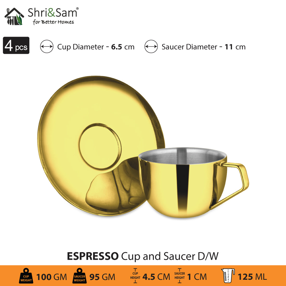 Stainless Steel 4 PCS Double Wall Cup and Saucer with Gold PVD Coating Espresso