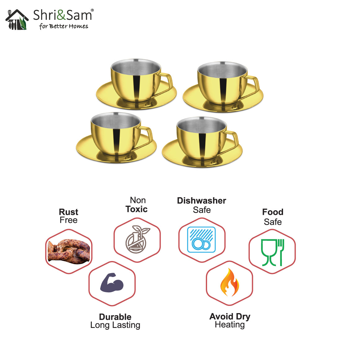 Stainless Steel 4 PCS Double Wall Cup and Saucer with Gold PVD Coating Espresso