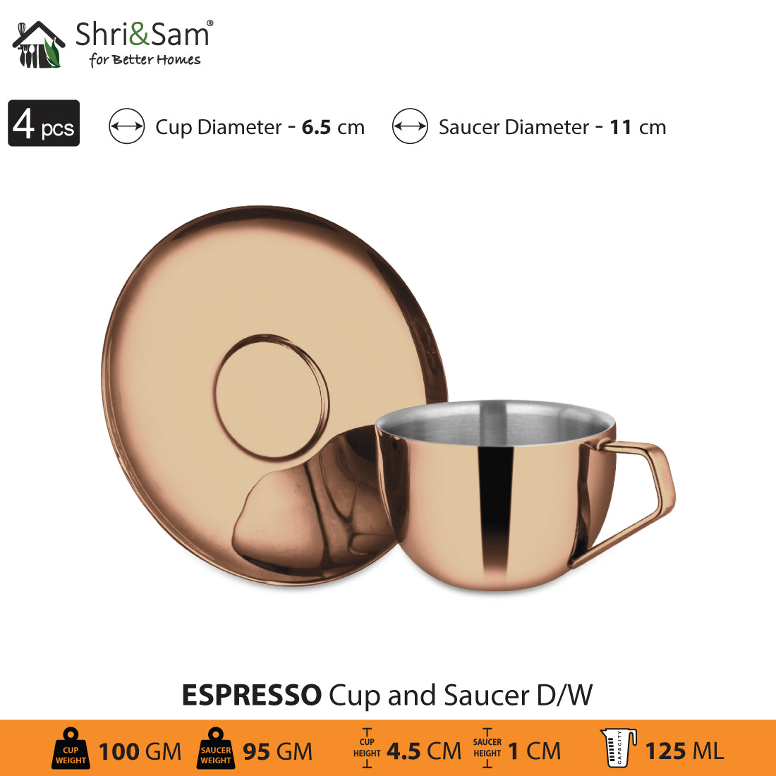 Stainless Steel 4 PCS Double Wall Cup and Saucer with Rose Gold PVD Coating Espresso