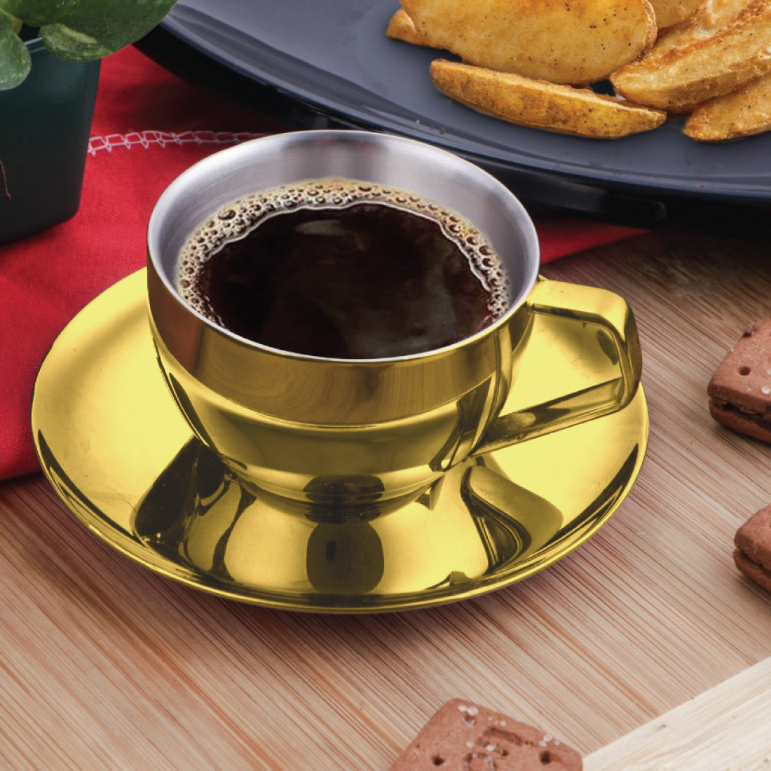 Stainless Steel 4 PCS Double Wall Cup and Saucer with Gold PVD Coating Espresso