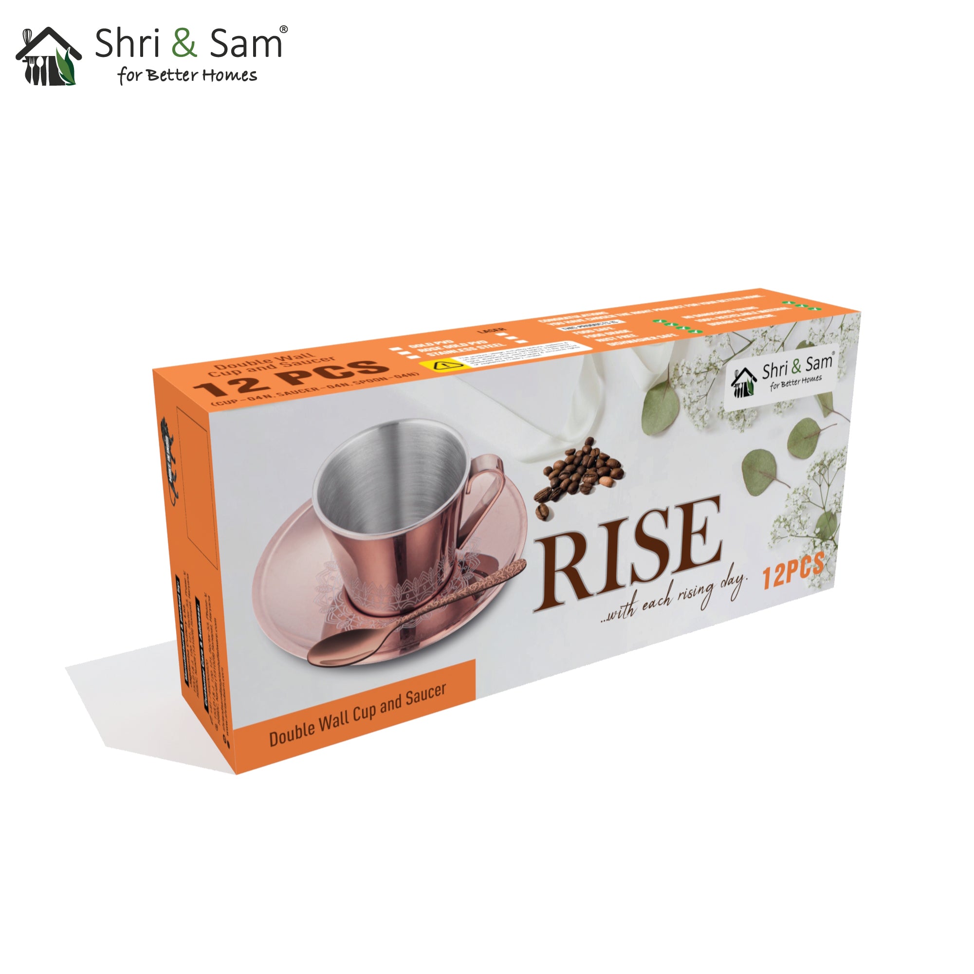 Stainless Steel 4 PCS Double Wall Cup and Saucer with Rose Gold PVD Coating & Laser Rise