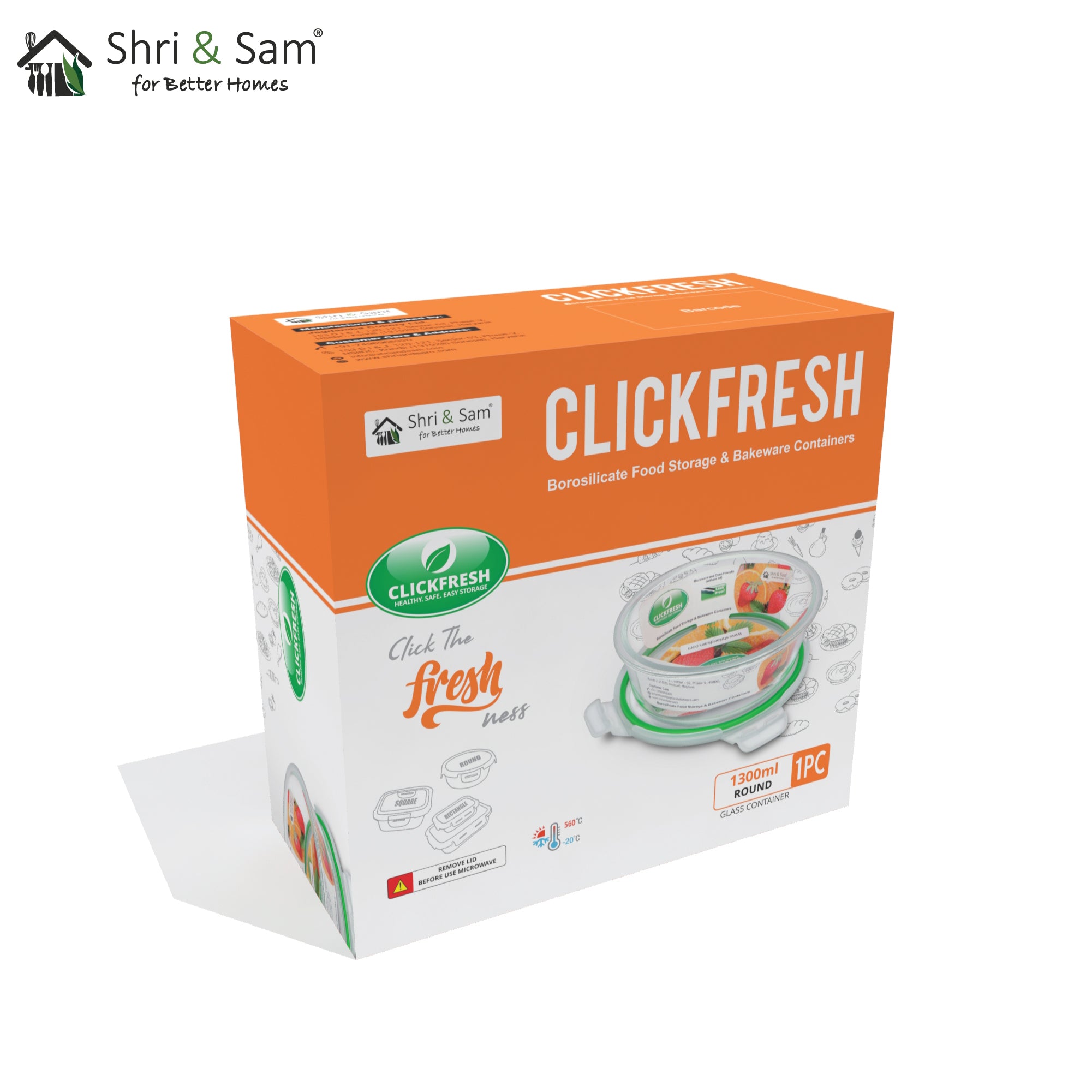 Glass 1300ml Food Storage & Bakeware Container with Airtight Lid Round Clickfresh