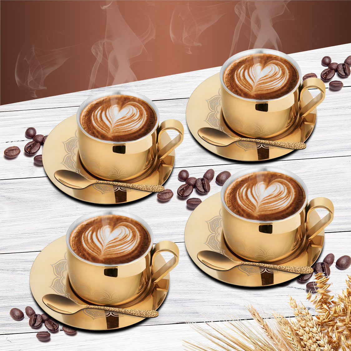 Stainless Steel 4 PCS Double Wall Cup and Saucer with Gold PVD Coating & Laser First Impression