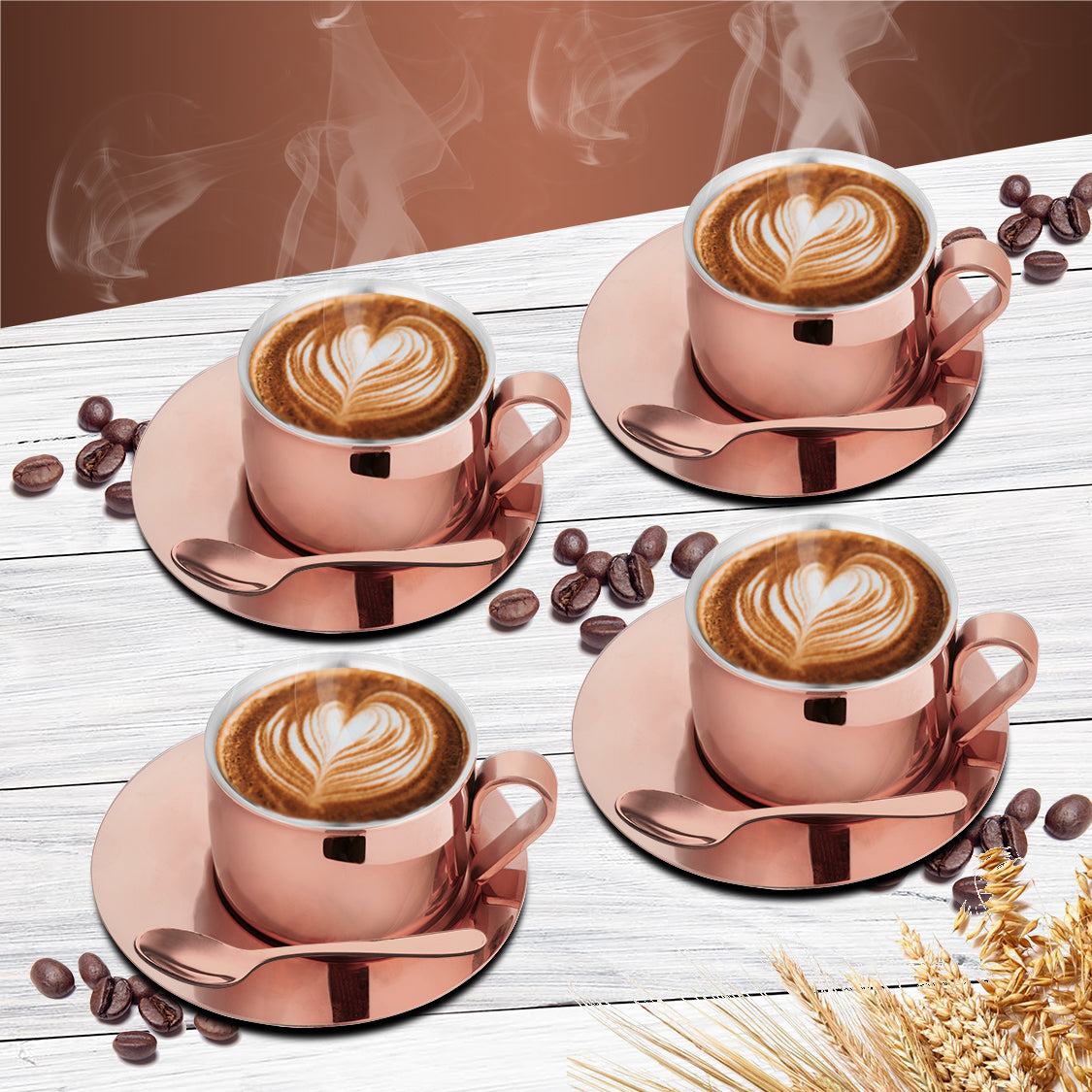 Stainless Steel 4 PCS Double Wall Cup and Saucer with Rose Gold PVD Coating First Impression