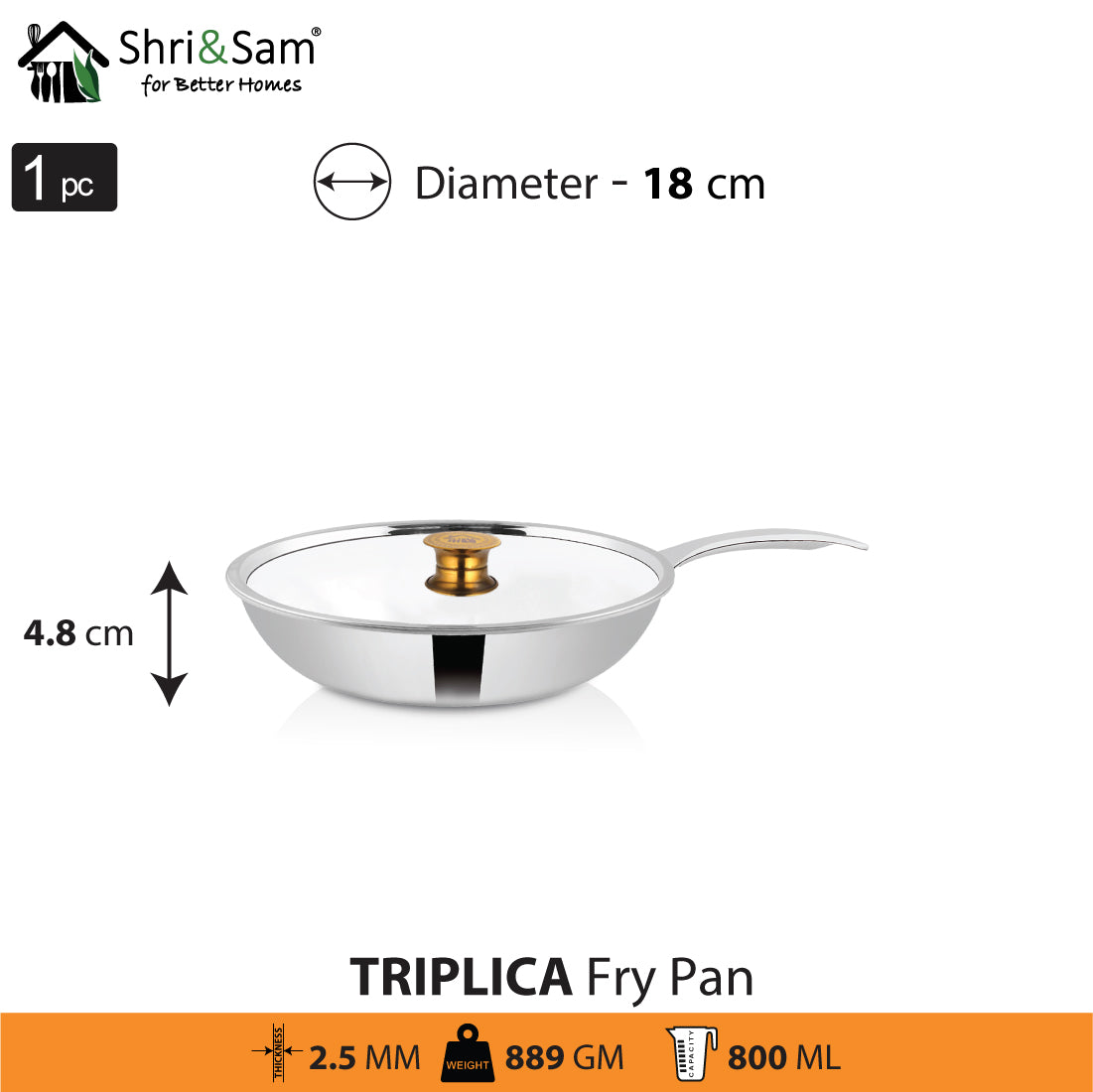 Stainless Steel Triply Fry Pan with SS Lid Triplica